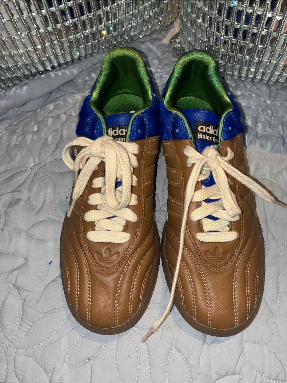adidas Brown Leather Sneakers with Blue Tongue and Green Lining